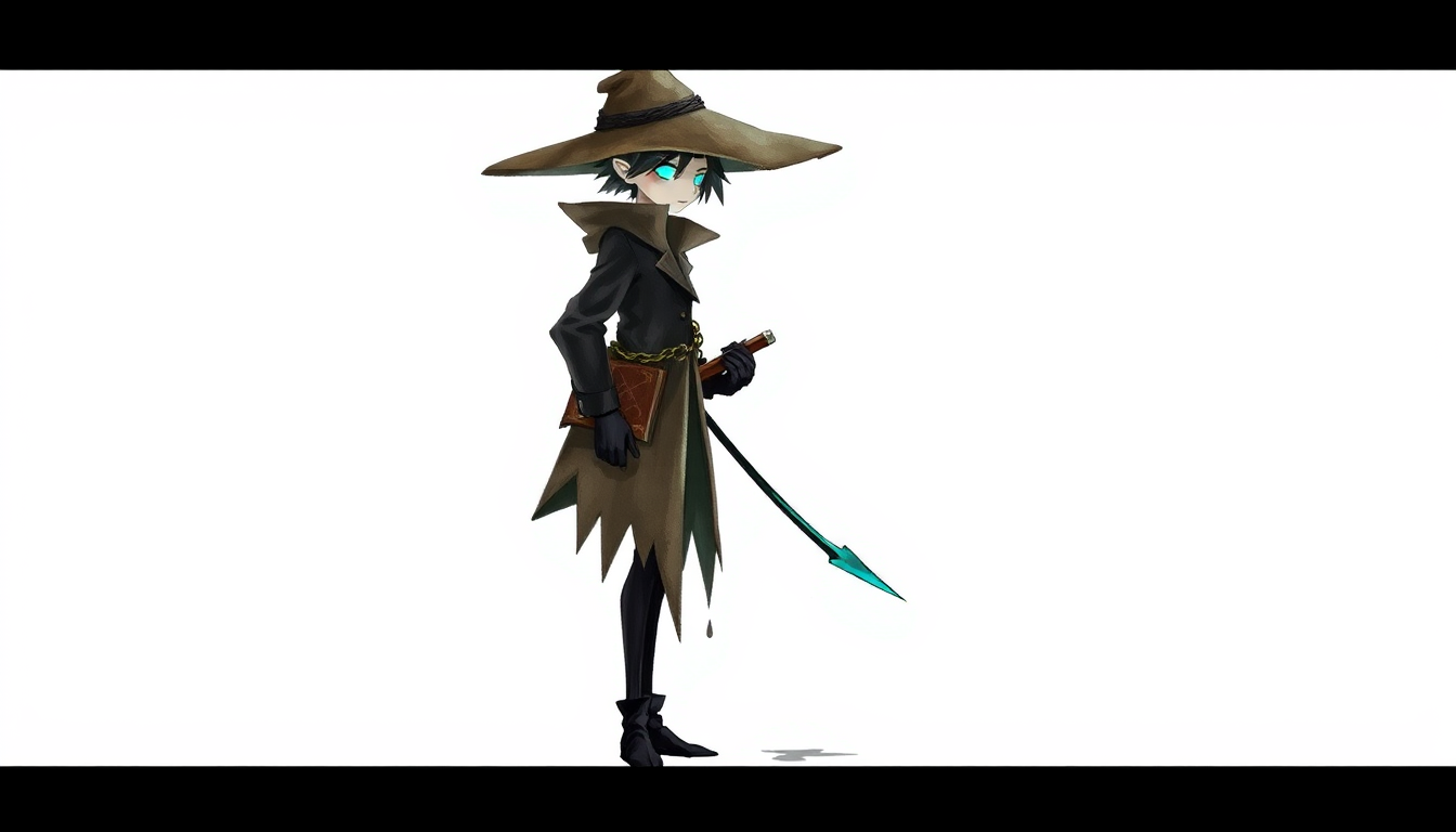 Main art studio: 2D game sprite, single character, idle pose. Character: slim androgynous figure, wide-brimmed traveler's hat casting shadow over the face, one calm gl