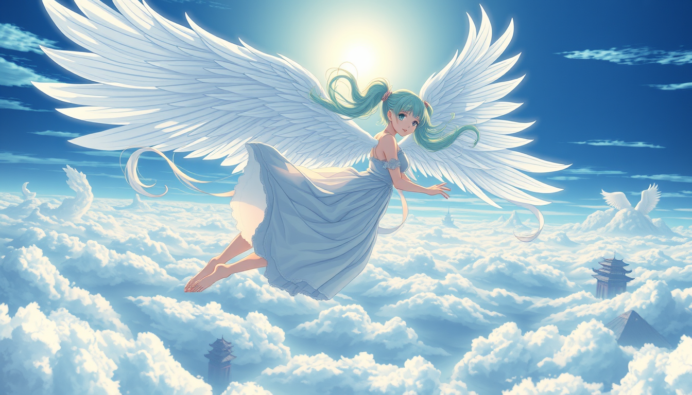 Main art studio: Ethereal high-rarity anime character card, an angelic young woman weightlessly tumbling through a luminous sky, graceful curled pose, enormous flowing