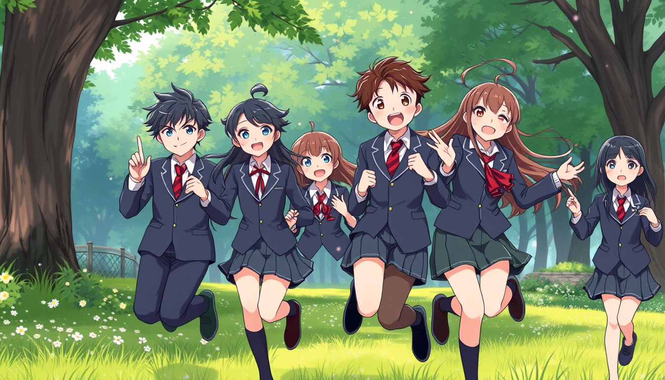 Anime idea: anime style, vibrant colors, expressive eyes, 5 ados coréens en uniforme lycéen qui sautent de joie (expression de joie totale) dans la pelouse d'un p