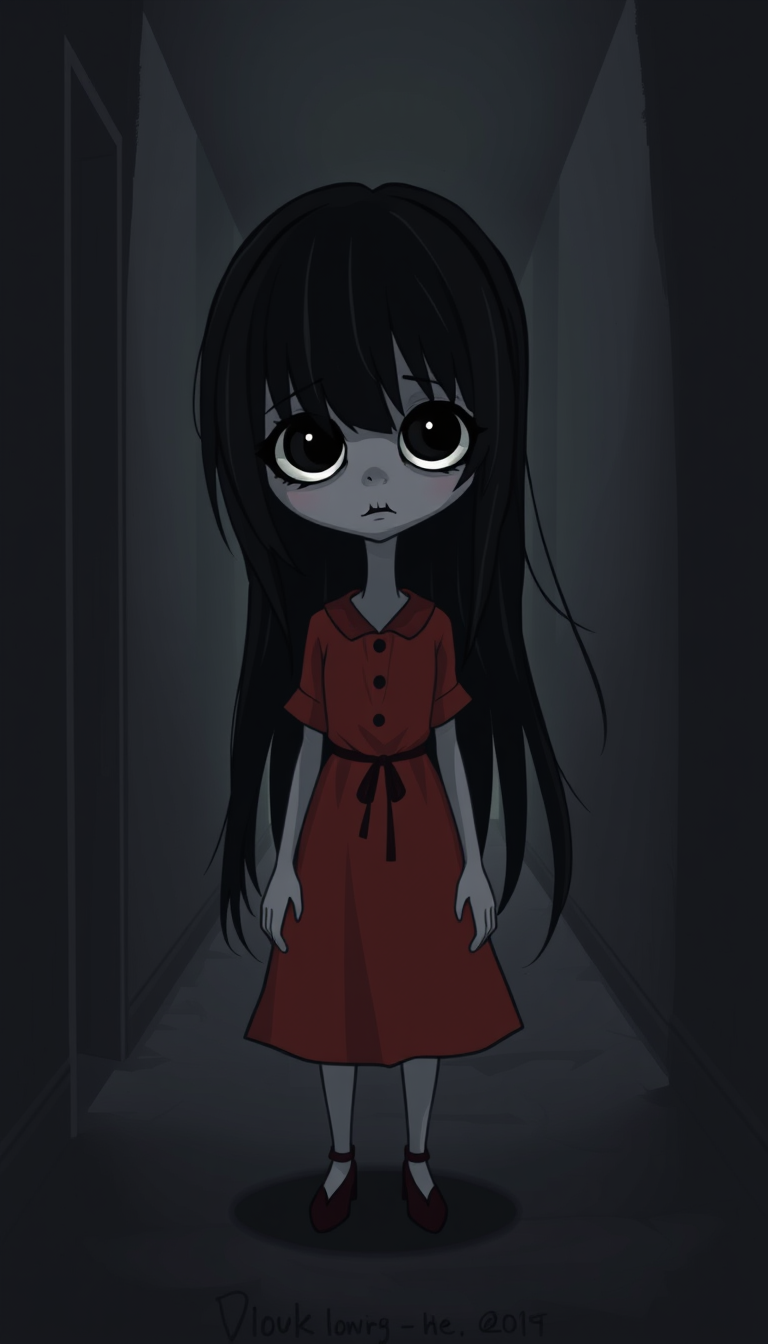 Characters idea: an original character defined by silhouette, role, outfit, palette, and expression, deliberate composition, A creepy 2D cartoon girl with long black h