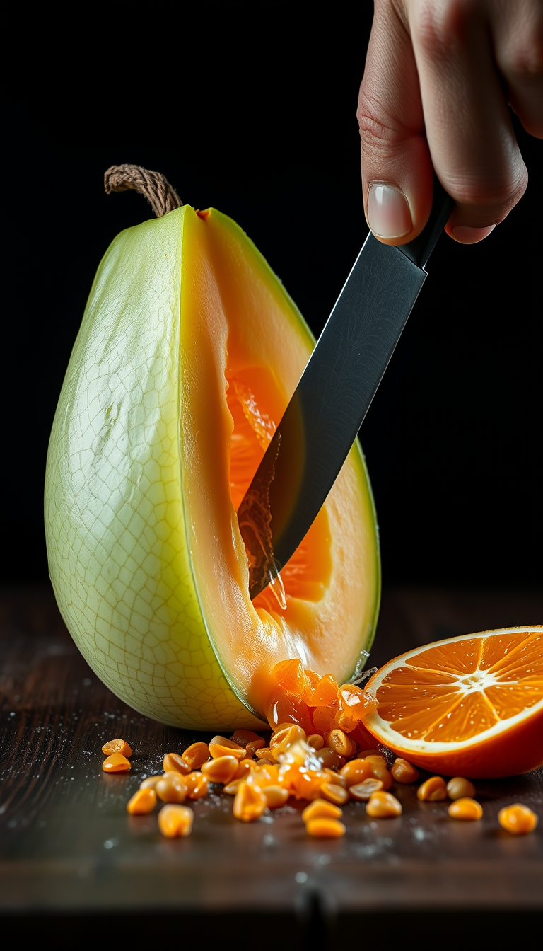 AI Art prompt example created from the prompt: Cinematic macro shot of a transparent glass cantaloupe with a pale green netted rind and glowing orange interior, a hand slowly slicing it w