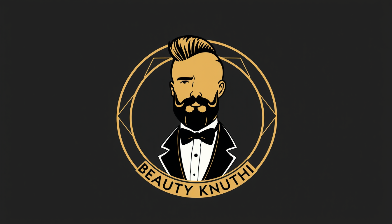 Main art studio: A circular luxury emblem logo for a beauty salon called "Beauty Knuthi". Inside a gold geometric circle is a stylized black silhouette of a man with a
