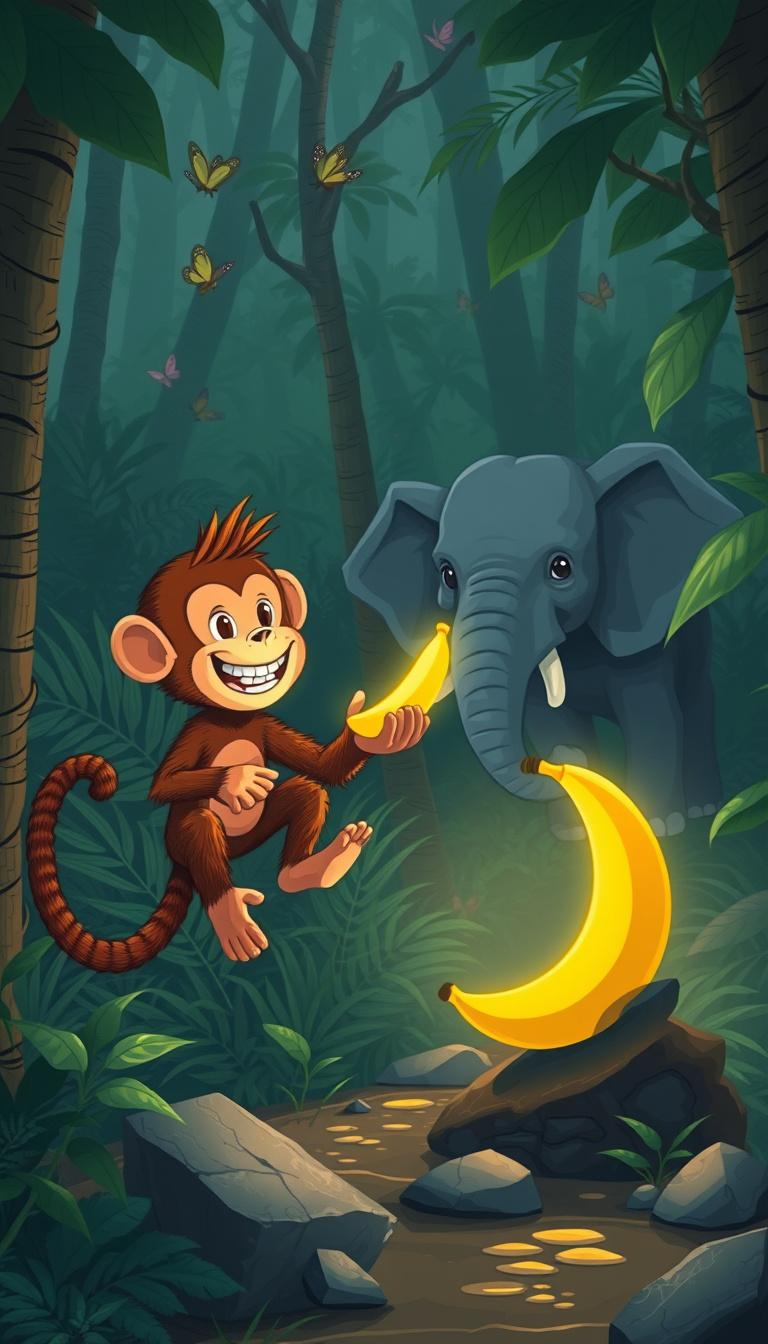 Main art studio: a brave monkey happily guards a glowing magical banana deep in the jungle. a sneaky elephant secretly watches from behind a tree. the elephant quietly