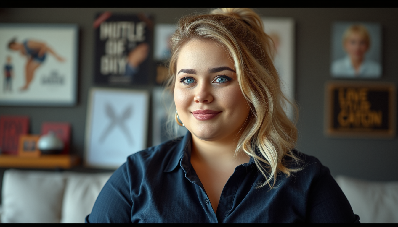 Main art studio: give ma a full pic of a cute chubby blond woman in a shirt that is too small