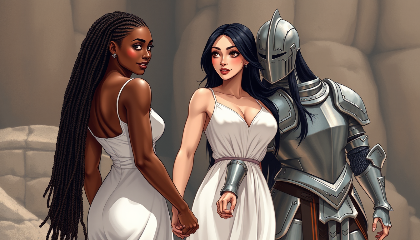 AI Art prompt example created from the prompt: In a semi-realistic style. There are two women. The woman on the left is a Black woman with long locs; she has a lean muscular build, especi