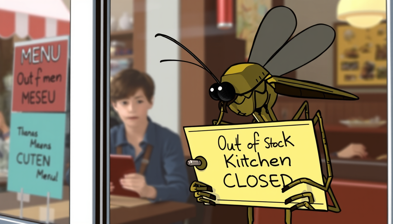 Main art studio: A mosquito looking through a restaurant window at a student, but the "Menu" it is holding says "Out of Stock" or "Kitchen Closed" .