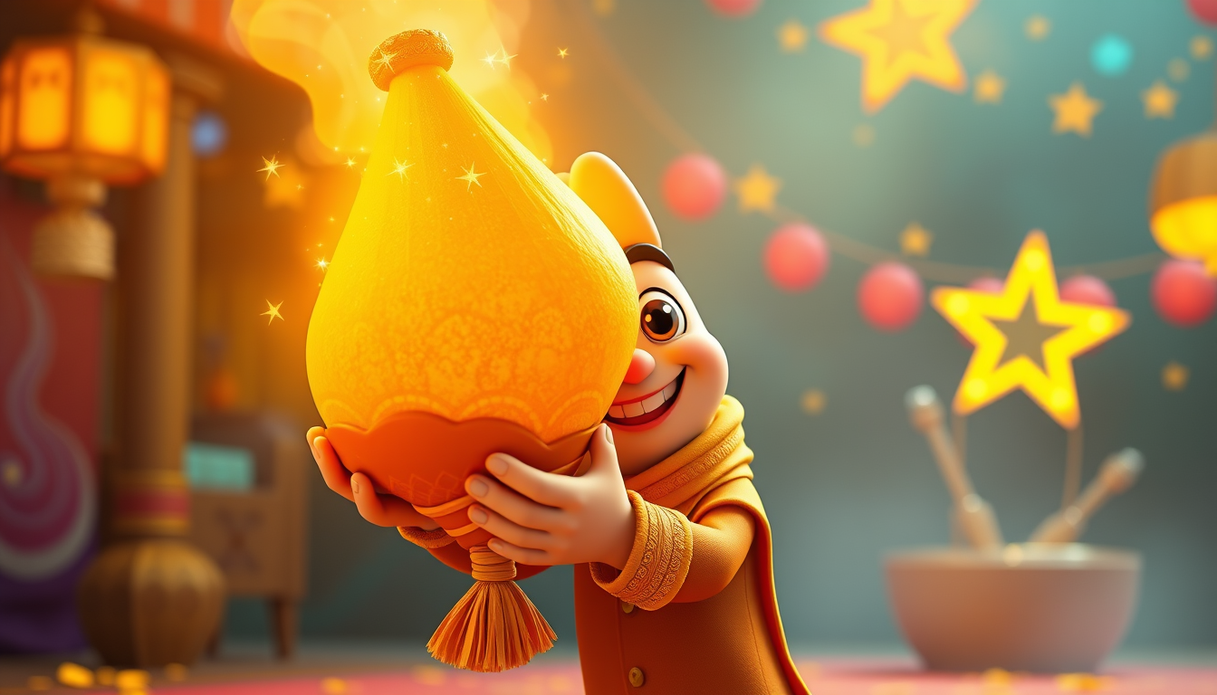 Main art studio: Original3D cartoon character named Cromdo, funny cute face, holding a giant hot golden magical samosa, golden magic light and sparkling stars coming f