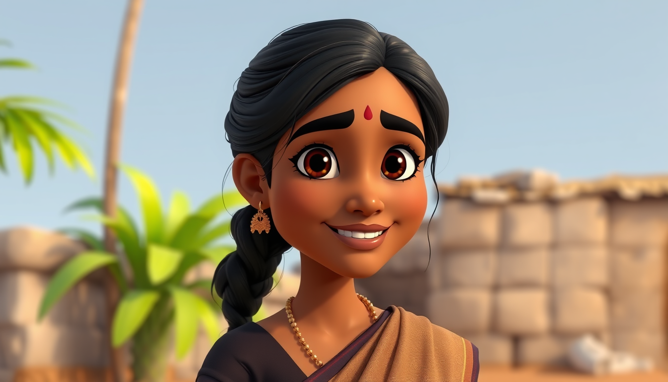 AI Art prompt example created from the prompt: Sarla, a 35-year-old Indian village mother, simple and caring woman, medium brown Indian skin, kind expressive brown eyes, black hair tied b