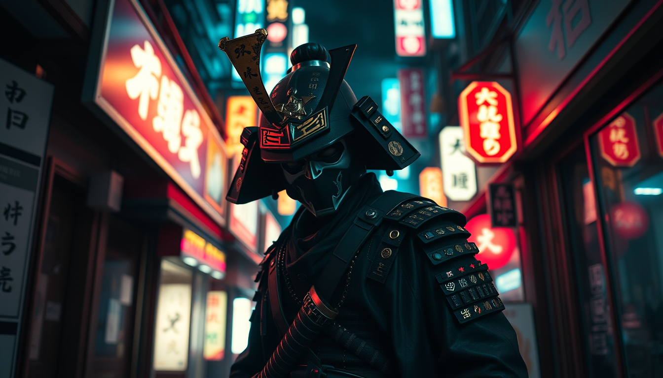 Main art studio: cyberpunk samurai in neon-soaked Tokyo alley, 4k, cinematic