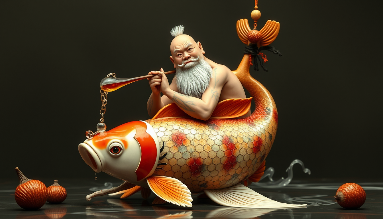 Main art studio: Sexy Jap Koi drunyen kun fu master fish with drinking gourd sitting upright