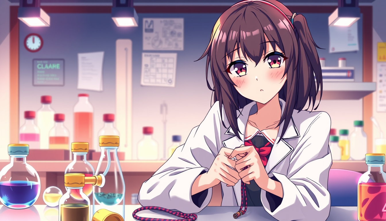 Anime idea: anime style, vibrant colors, expressive eyes, Femme qui est accroché avec des corde sur une table de laboratoire scientifique , detailed anime illustr