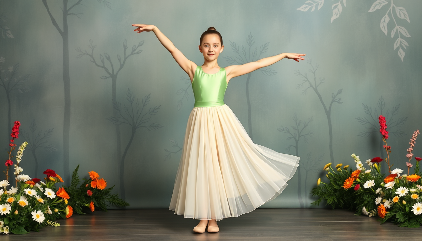 Main art studio: design me a lyrical dance costume for a 12 year old with a pastel green top and an ivory kneel lenght skirt that is a front peice and an unconnected b
