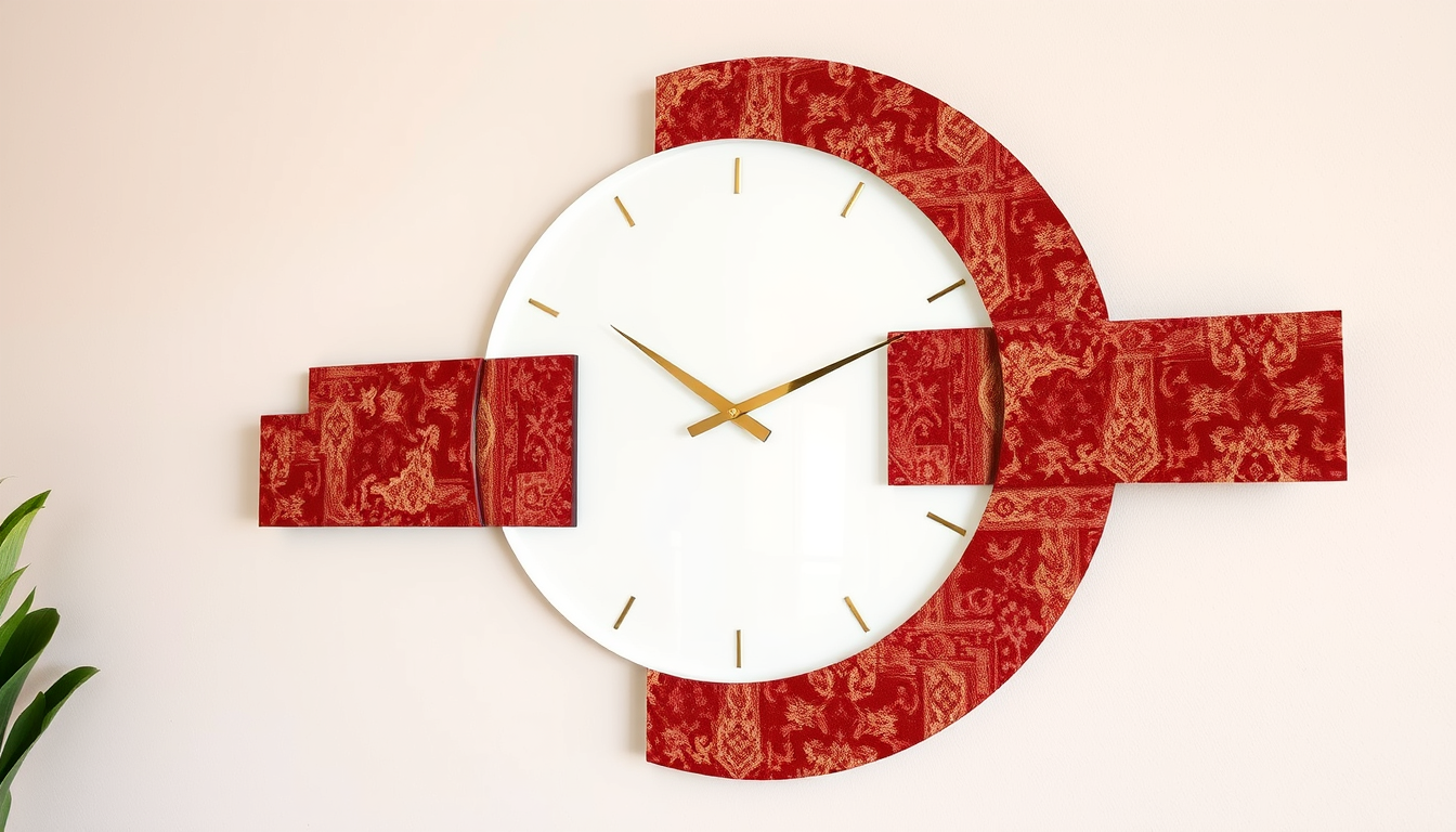 Main art studio: ### Image Prompt A handmade resin wall clock with an artistic round MDF base, featuring a central glossy resin section and three separate slim MDF pie