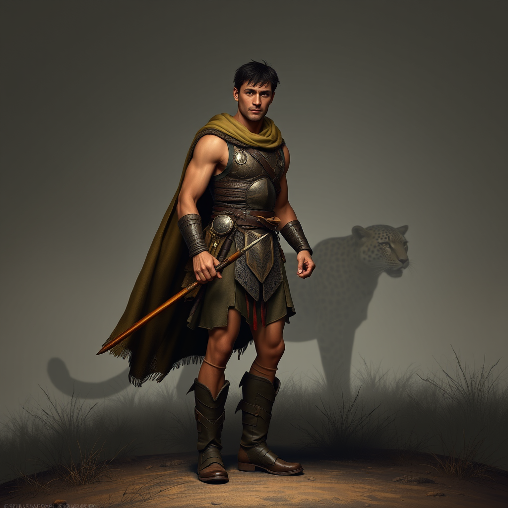 Main art studio: A man in his mid-twenties, athletic and lean, with the bearing of a skilled hunter from an African-inspired merchant city. He wears well-made lamellar