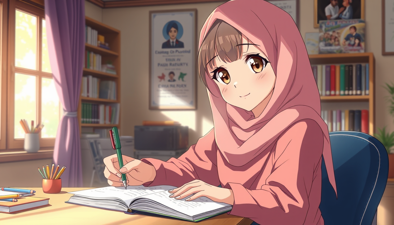 Anime idea: anime style, vibrant colors, expressive eyes, Beautiful anime girl, 21 years old, fair skin, brown eyes, wearing an elegant hijab and long modest clot