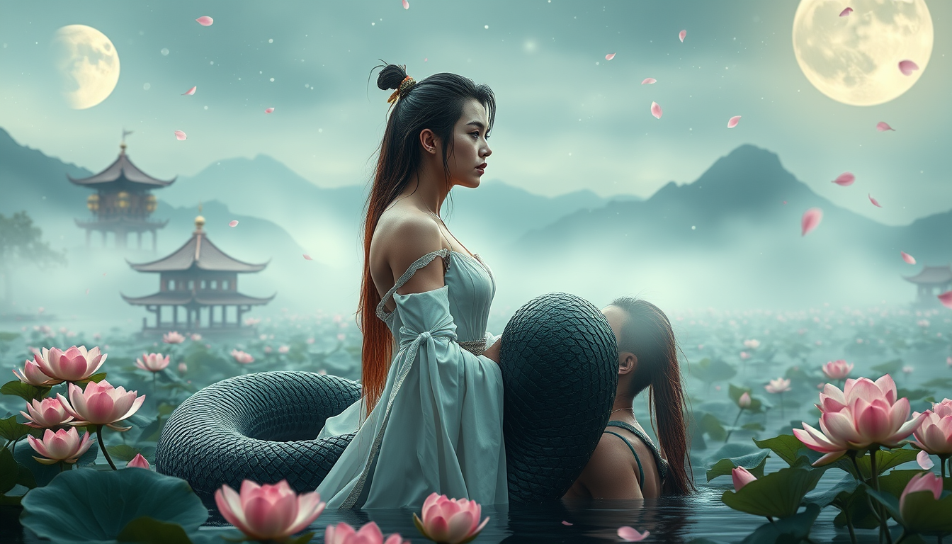 Main art studio: Cinematic Chinese Wuxia/Xianxia fantasy romance, photorealistic. Adult Korean Serpent King inspired by Zhang Linghe, handsome and regal, glowing amber