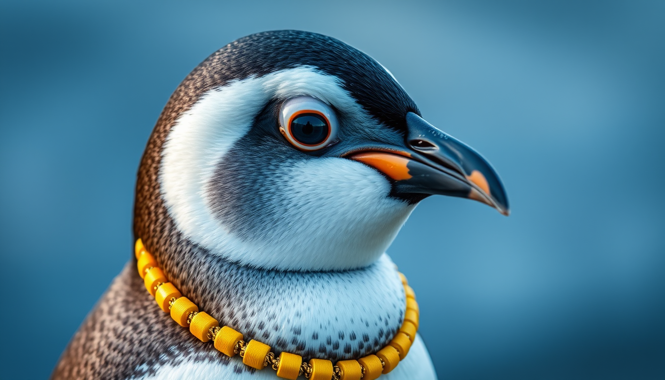 Main art studio: Pingo een schattig pinguin heel donzig met lieve aandoenlijke ogen , gekleurde regenboog vleugels en een klompje goud ketting