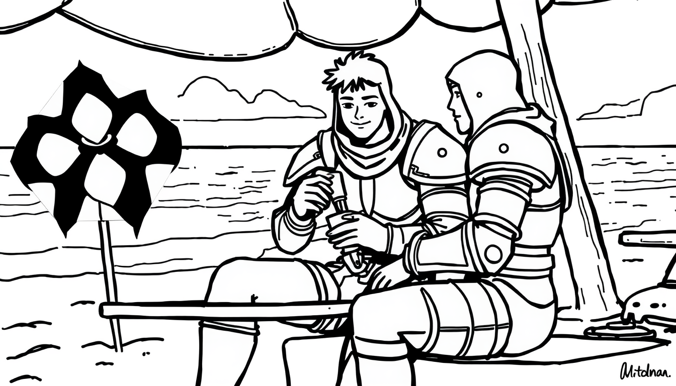 Main art studio: single, confident black lines. simple drawing. no shading..A student at a beach BBQ. Instead of clothes, they have "swipes" of roll-on across their ar