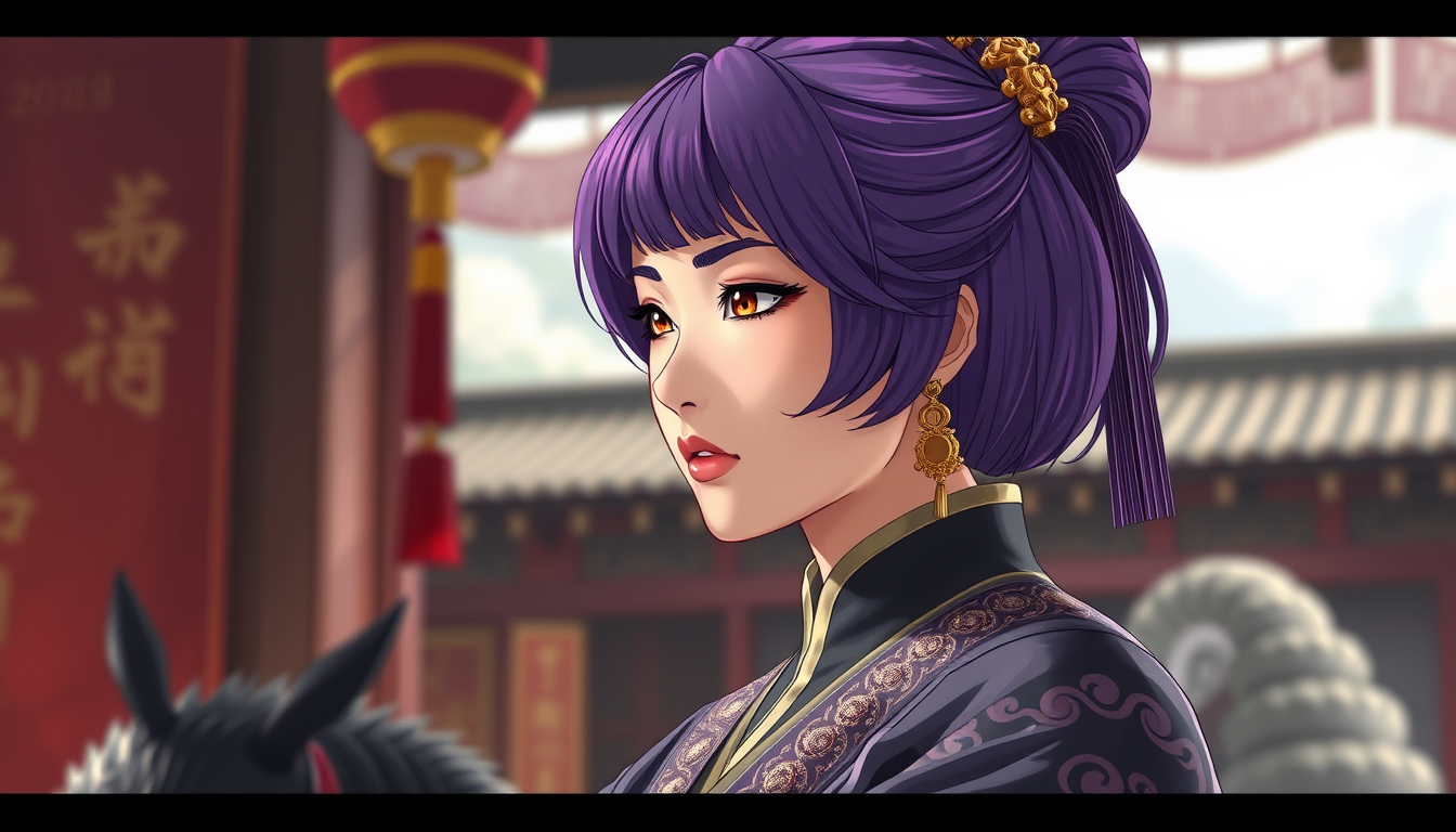 Main art studio: Generate strict purple short hair mommy fmc from historical china and she is emperor and picture must be an anime