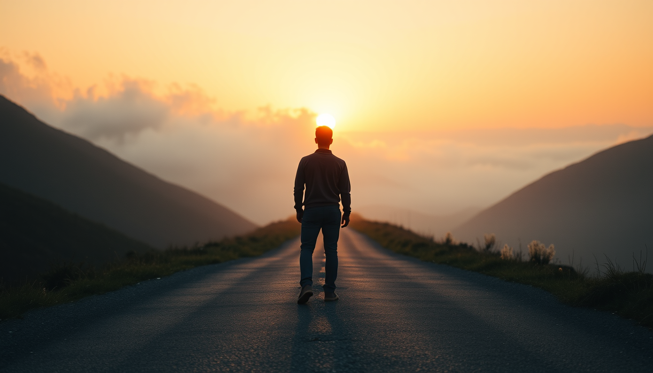 Main art studio: Cinematic realistic photo of a lone person standing at a fork in a mountain road at sunrise, seen from behind. Soft mist covers the distant path while