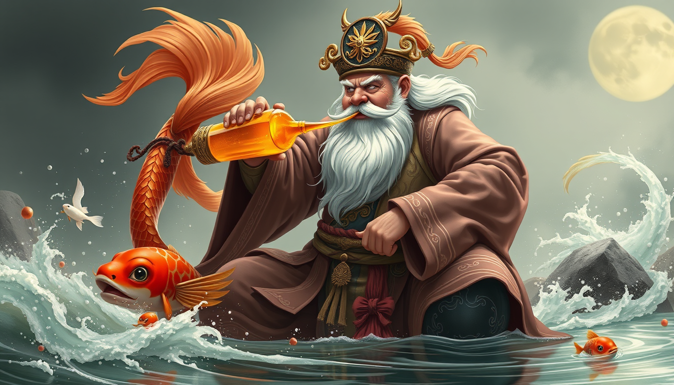 Main art studio: Koi fish drunyen kun fu master with drinking gourd