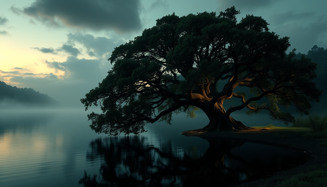 Main art studio: Prompt: A tranquil ancient lake in a dark forest during twilight, a majestic dense Bael (Bilva) tree on the shore, serene ambiance, mystical glow, hig
