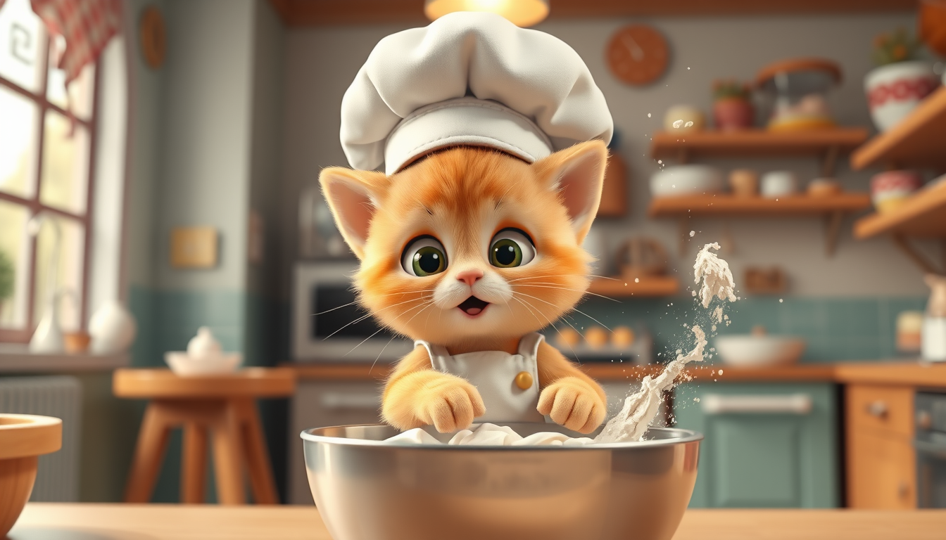 Main art studio: The same tiny adorable fluffy orange kitten wearing the same white baker hat and white apron, inside the same cozy colorful bakery, mixing cupcake bat