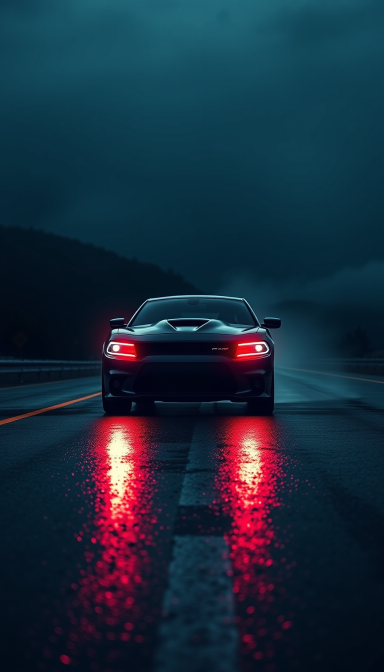 Main art studio: Vertical 9:16 mobile wallpaper featuring a matte black Dodge Charger on an empty highway at night, bright LED headlights cutting through thick fog, re