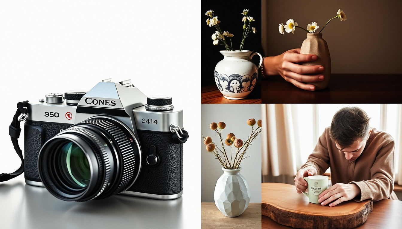Main art studio: könnten sie mir bitte eine colllage erstellen mit: eine camera die photos von einem sonnenuntag macht, eine person die töpfert eine vase oder auch nur