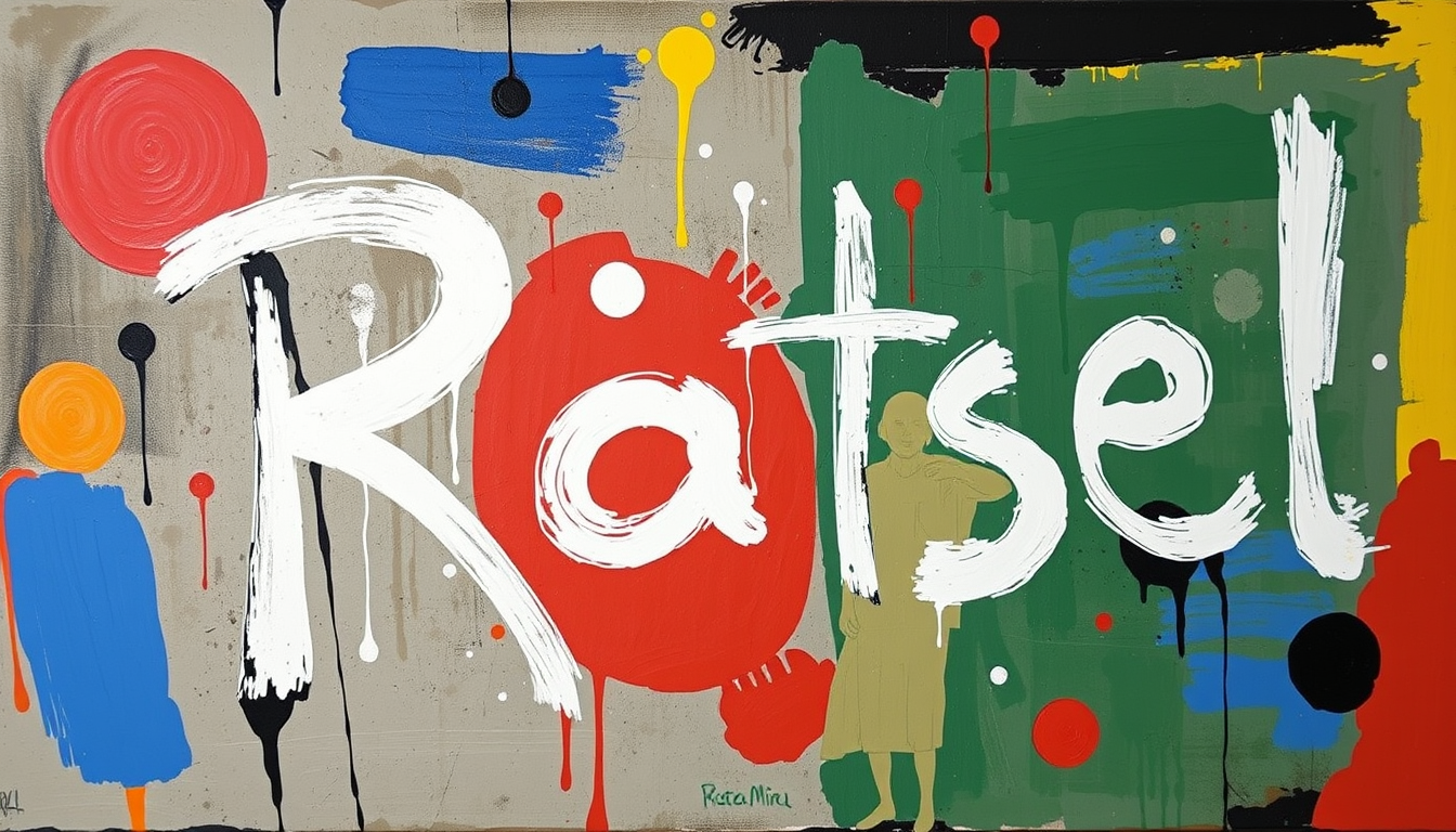 Main art studio: Painting in style of Joan Miro looking like a street art graffiti, written word is "Rätsel" or "Rätselcharakter"