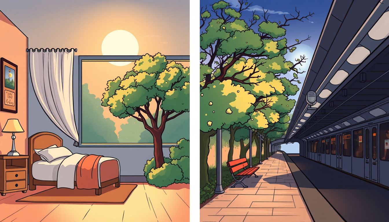 Main art studio: Créer une image en grille 2×2 de quatre décors d'anime dessinés à la main : 1. Une chambre confortable, éclairée par la lune. 2. Un toit de lycée au c