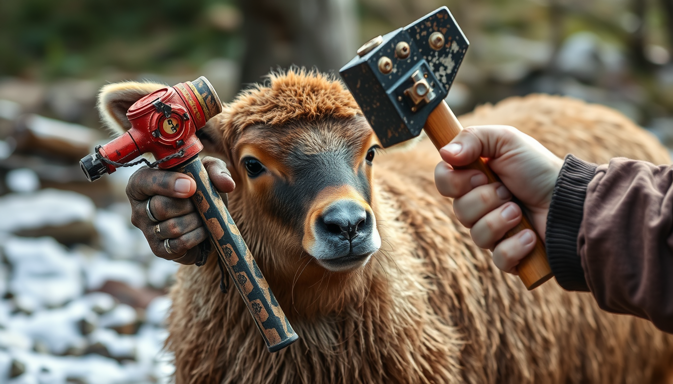 Main art studio: Einen herd der zornig guckt und eine feuerwehraxt in einer hand und in der anderen einen 20kg hammer hat