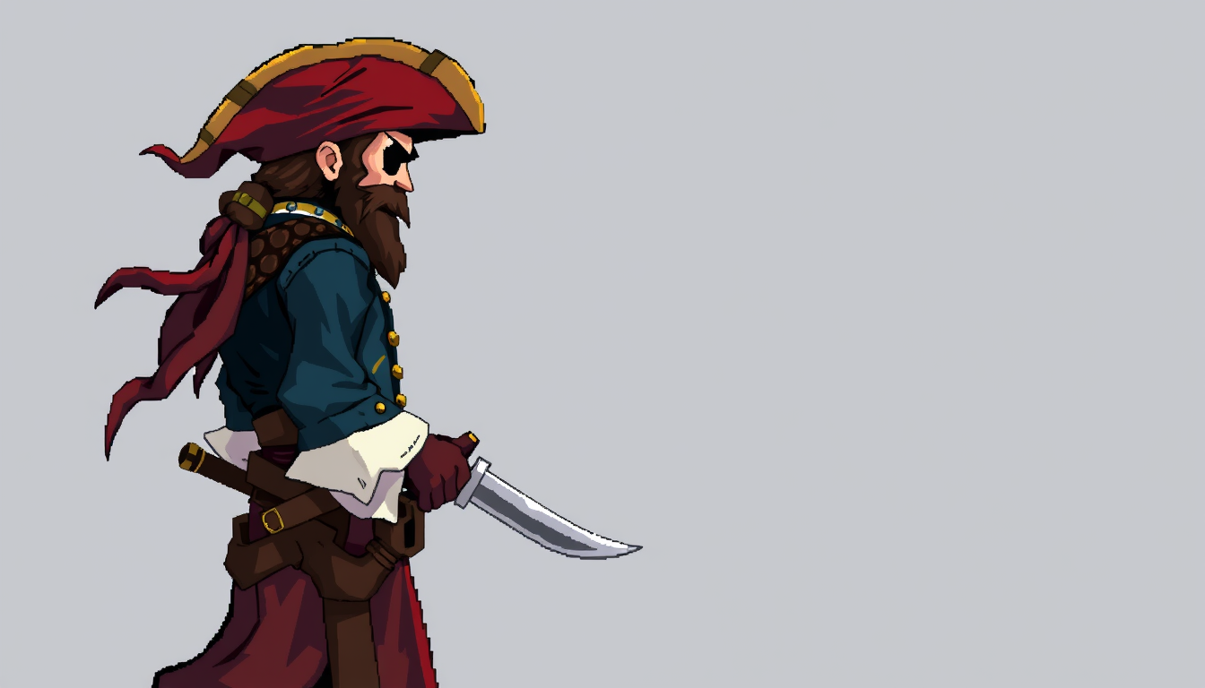 Main art studio: a 16bit, 2d pirate facing side ways and holding a sword