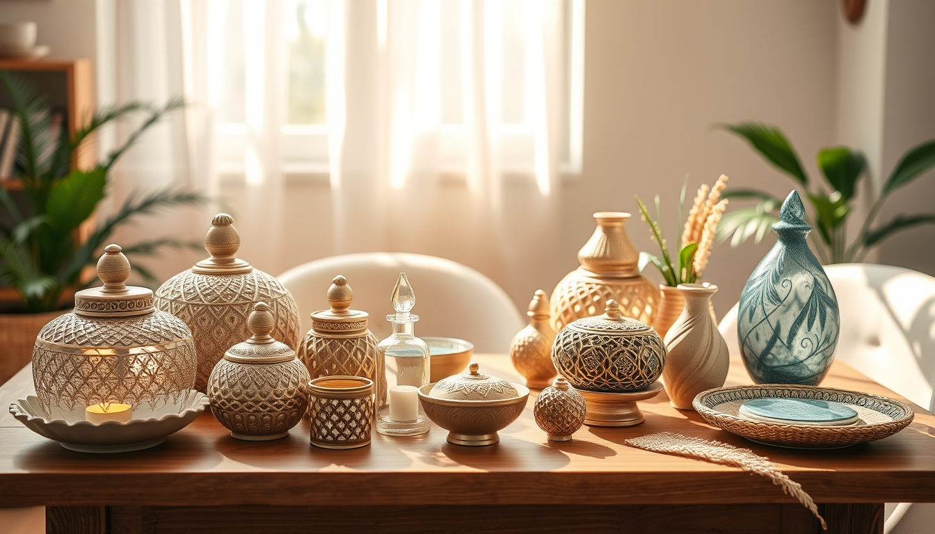 AI Art prompt example created from the prompt: Beautiful handmade home decor products displayed on a wooden table, soft natural light, elegant Bengali craft style, premium brand banner ba