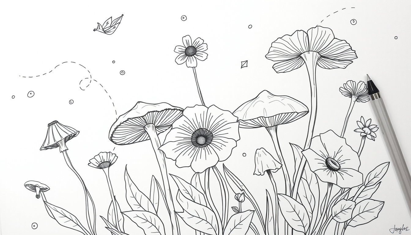 Main art studio: sketch me up some line art of some flowers and flowers with some squiggles and lines and heavily thick bold lines and mushrooms and complex flowers an