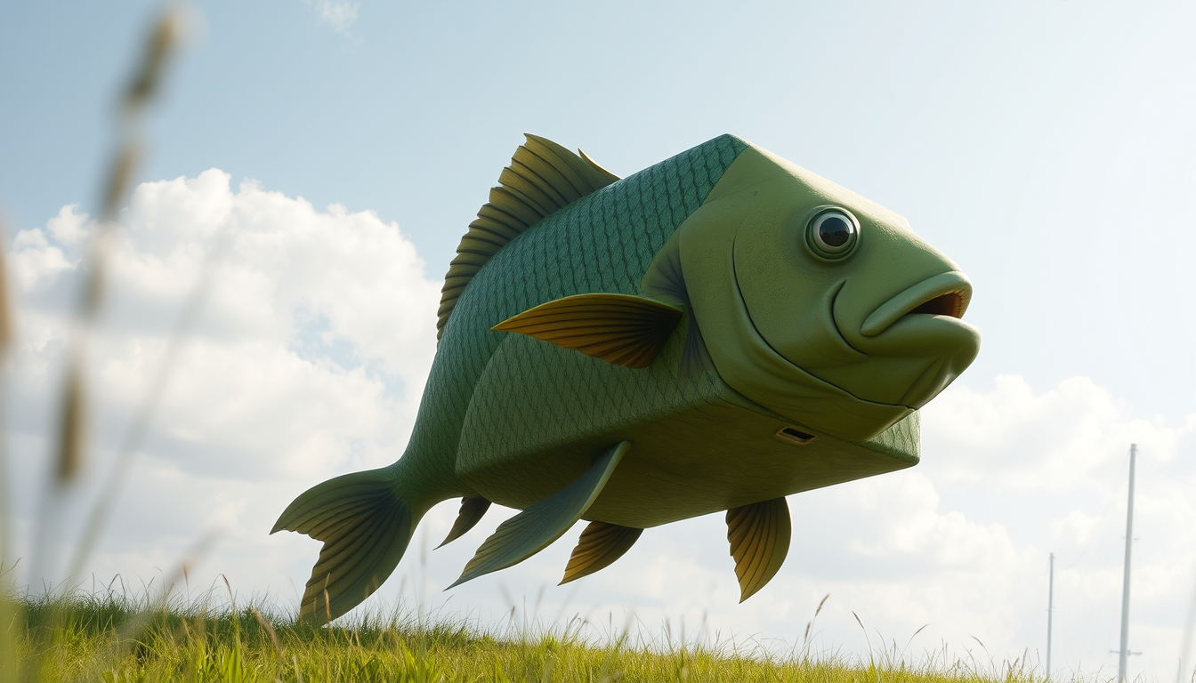 Main art studio: A big fish in the shape of a cube on a big grass feild that has arms and legs
