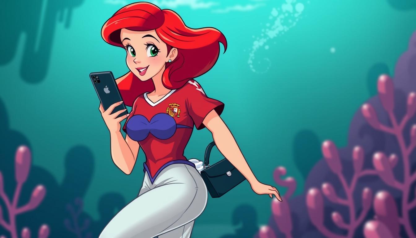 Main art studio: Hazme una imagen de la princesa Ariel con el pelo suelto que se le ve a la cara con un móvil de la marca redmi en la mano un bolso negro un poco grand