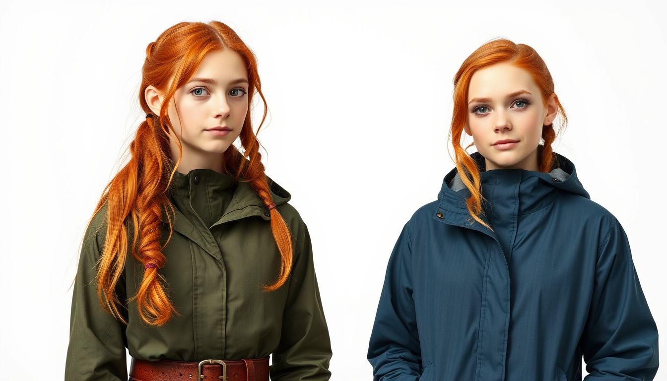 Main art studio: Zwei 13-jährige Zwillingsschwestern, Lyra und Embla, vor schlichtem weißem Hintergrund. Beide haben natürlich rote Haare und einen Mittelscheitel. Lyr