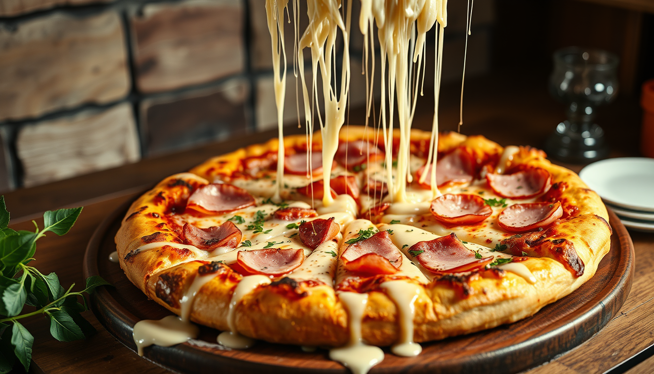 Main art studio: a very large pizza with very much cheese drooling off the pizza and ham on the pizza