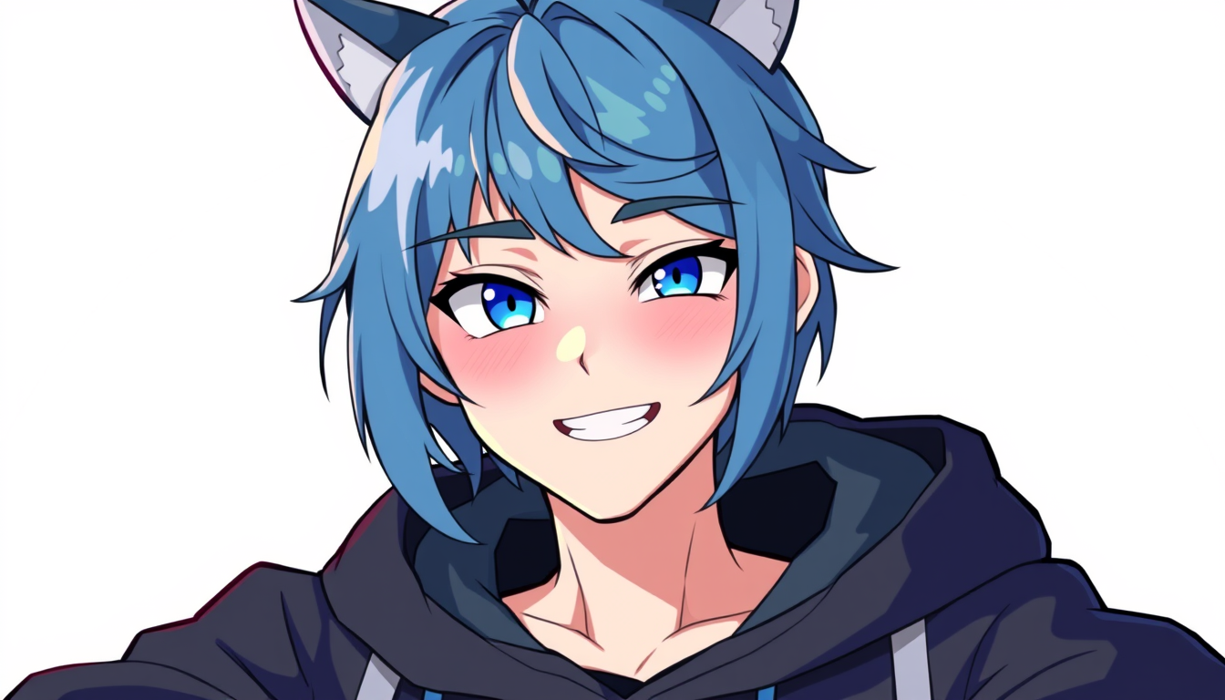 VTuber idea: vtuber avatar character, anime style, expressive face, streaming-ready design, make my cute guy with blue hair with uwu face and a hoody , clean vtube