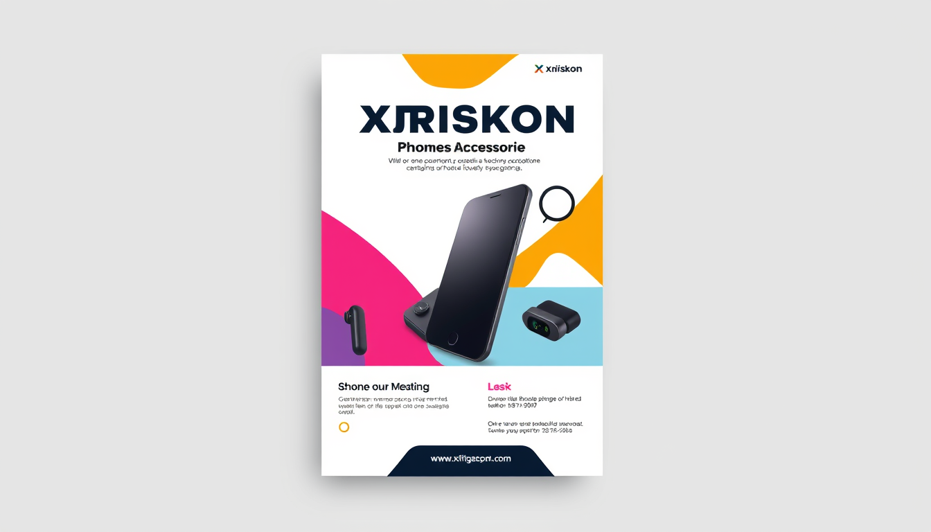 Graphic idea: modern graphic design, clean layout, strong visual hierarchy, bold shapes, space for headline, Create a professional flyer for Xriskon phone accessori