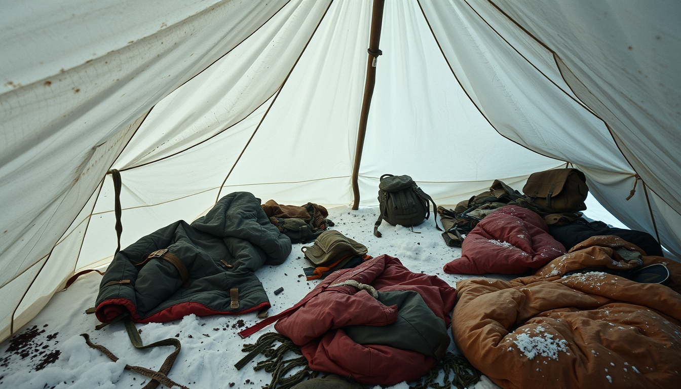 Main art studio: Abandoned Soviet expedition campsite inside a winter tent in 1959, personal belongings and essential winter gear left behind in an apparently hurried