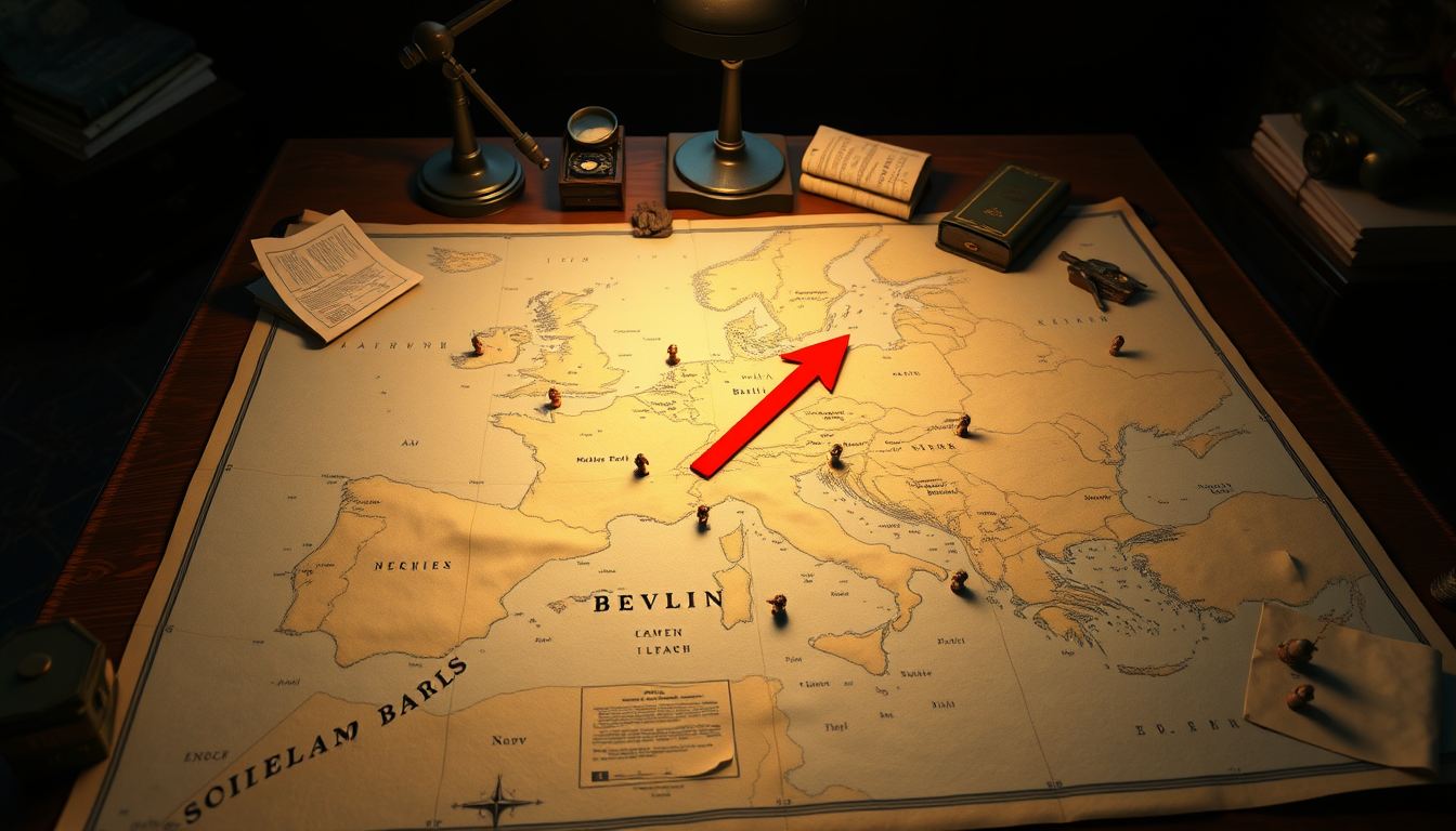 Main art studio: A cinematic 3D animated historical war-room scene, a large authentic 1945 paper map of Europe spread across an old wooden military table, miniature mi