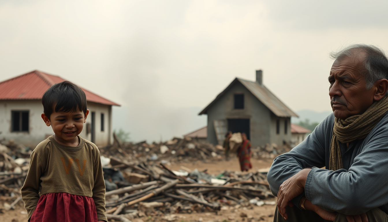 Main art studio: make an image where one child is crying over his destroyed school a family is grieving over their home and an adult crying at the warfield