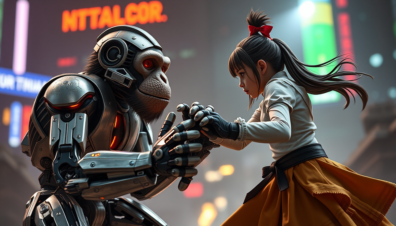 Main art studio: make an picture of the robotic monkey and the girl fighting to gether