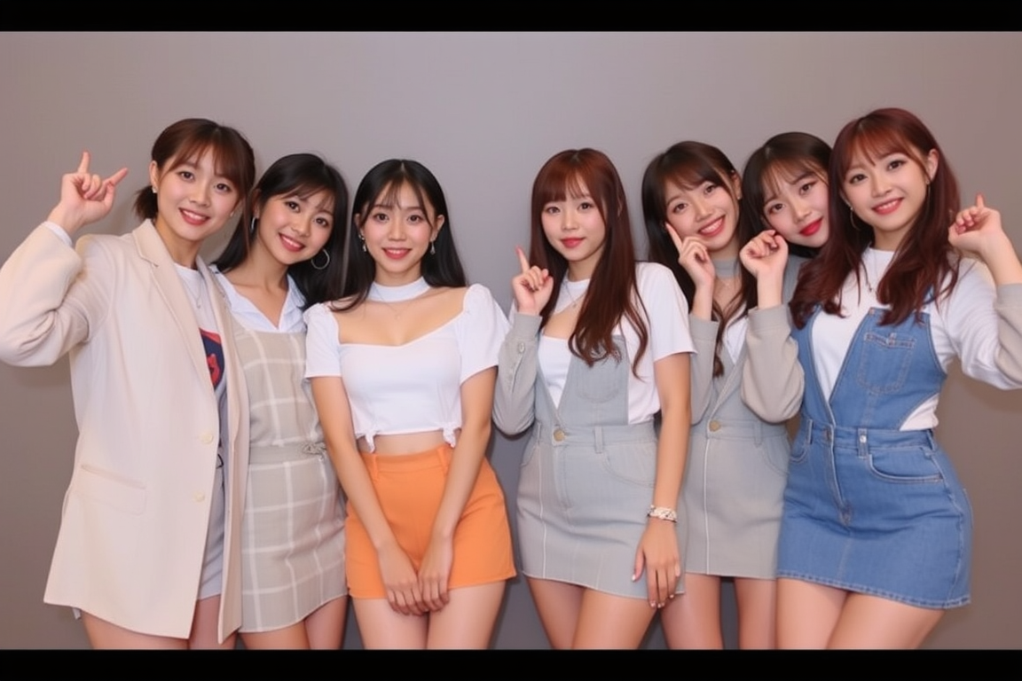 Main art studio: 7人組の韓国女性アイドルグループ。エネルギッシュで自信に満ちたヒップホップ系の雰囲気。強いパフォーマンス力と個性的なスタイルを感じさせる。黒、赤、デニム、シルバーなどを使ったストリートファッション。7人が都会の夜の街で堂々とポーズを決めている、迫力のあるK-POP公式コンセプト写真。