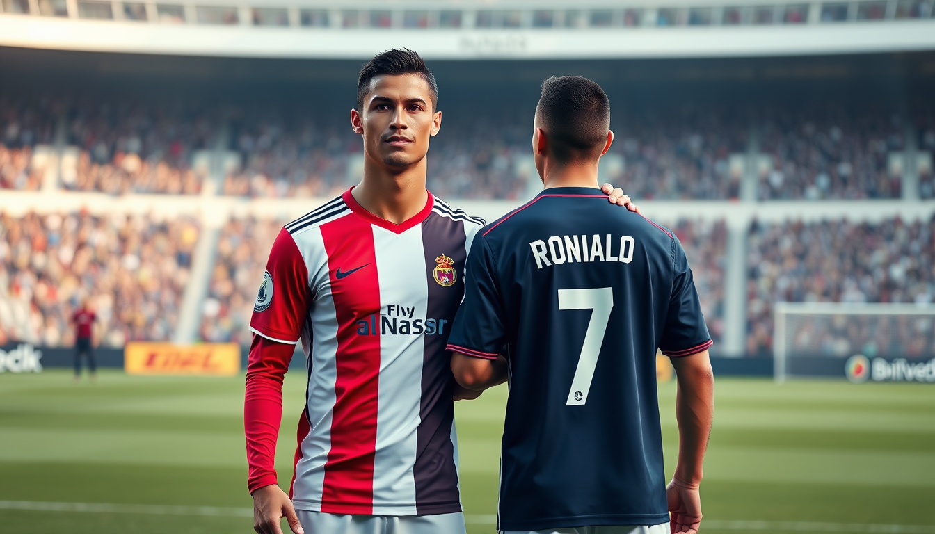 Main art studio: "A realistic, full-body photo of soccer player Cristiano Ronaldo standing on a football pitch next to his son, Cristiano Ronaldo Jr. His son is depict