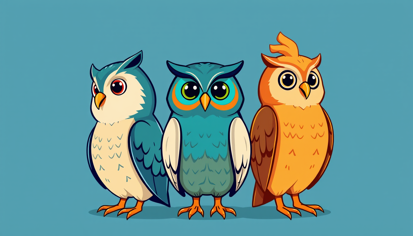 Main art studio: Professional mascot logo for a modern university study app. Exactly three charming owl characters side by side. Left owl is blue-gray, looking slightl