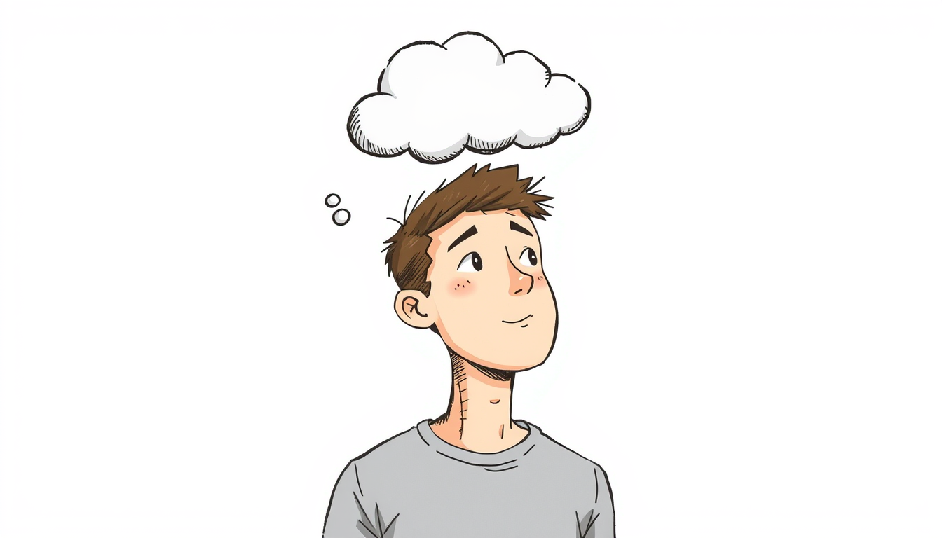 AI Art prompt example created from the prompt: Script: An unwanted thought appearing is not the same as deliberately feeding it. Scene Concept: The young man notices a faint thought cloud