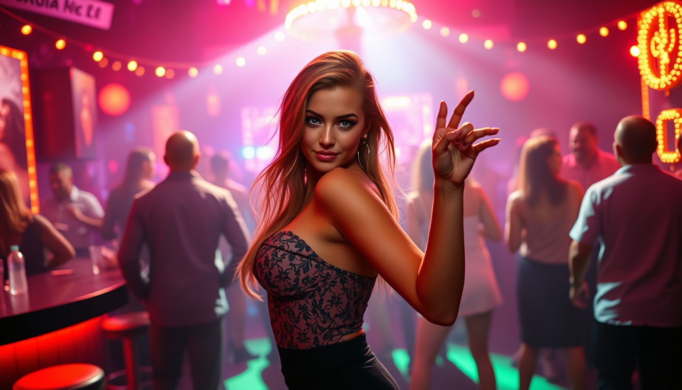 Main art studio: photorealistic woman dancing, curvy in nightclub winks at camera